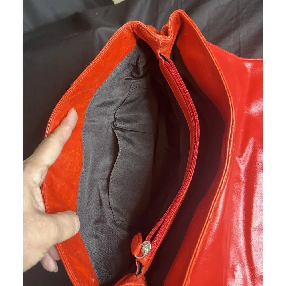 Red Quilted Stitched Fold Over Shoulder Bag Silver Hardware Double Handled Purse